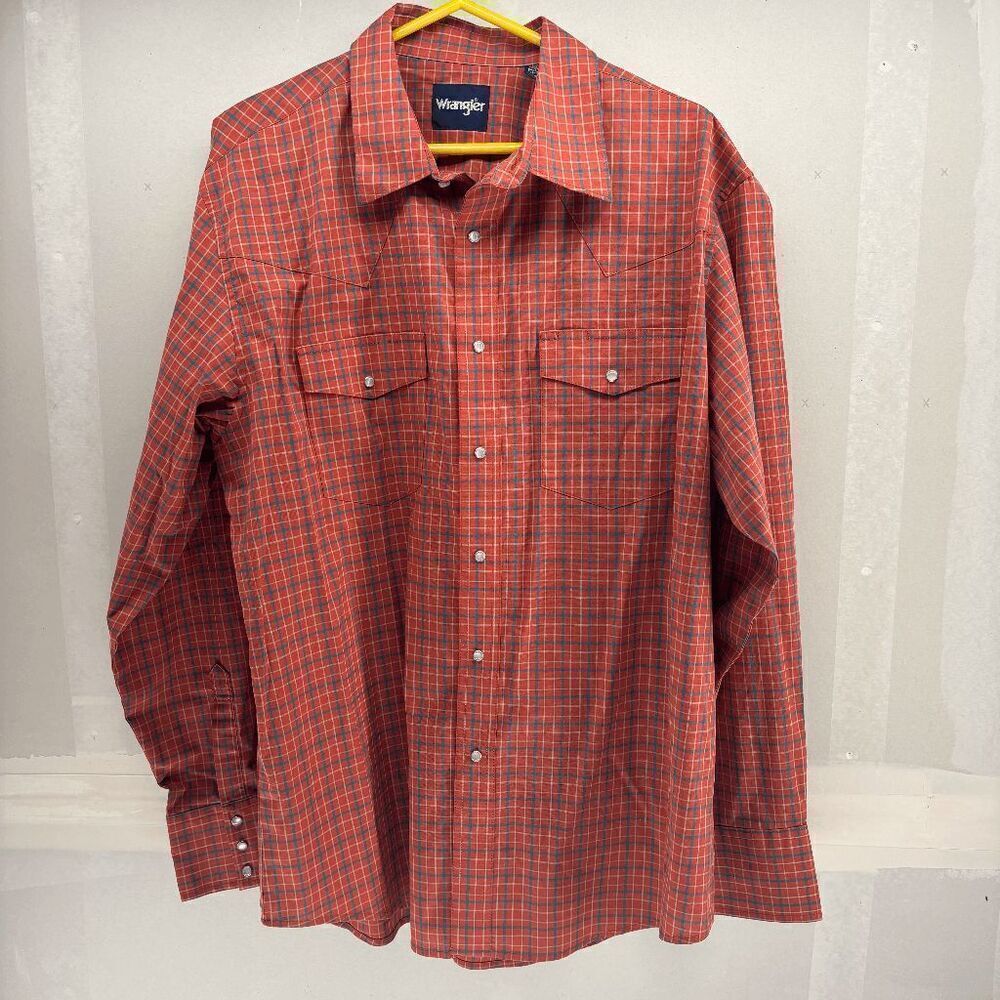 Wrangler Pearl Snap Long Sleeve Burnt Orange Blue Plaid Western XL Shirt NFR
